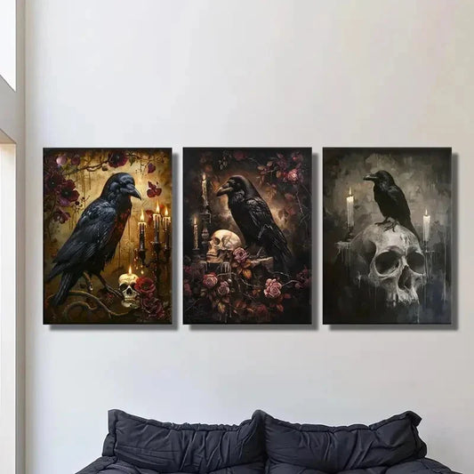 3pcs ,Skeleton Crow Art Dark Fantasy Metal Print Ready to Hang Art