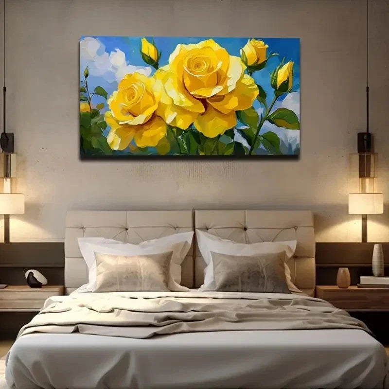 Vibrant Yellow Roses Wall Art Canvas Office Home Room Framed 120x60cm