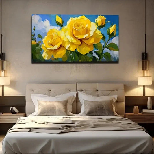 Vibrant Yellow Roses Wall Art Canvas Office Home Room Framed 120x60cm