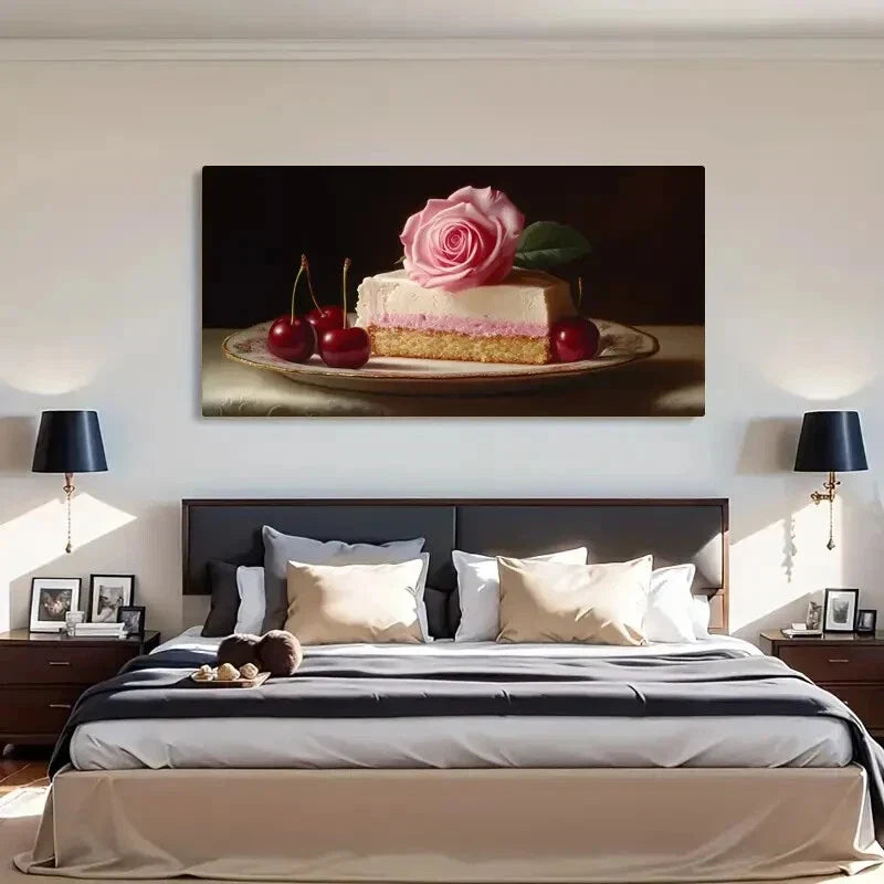 Rose & Cake Vintage Dessert Wall Art Canvas Office Home Room Framed 120x60cm