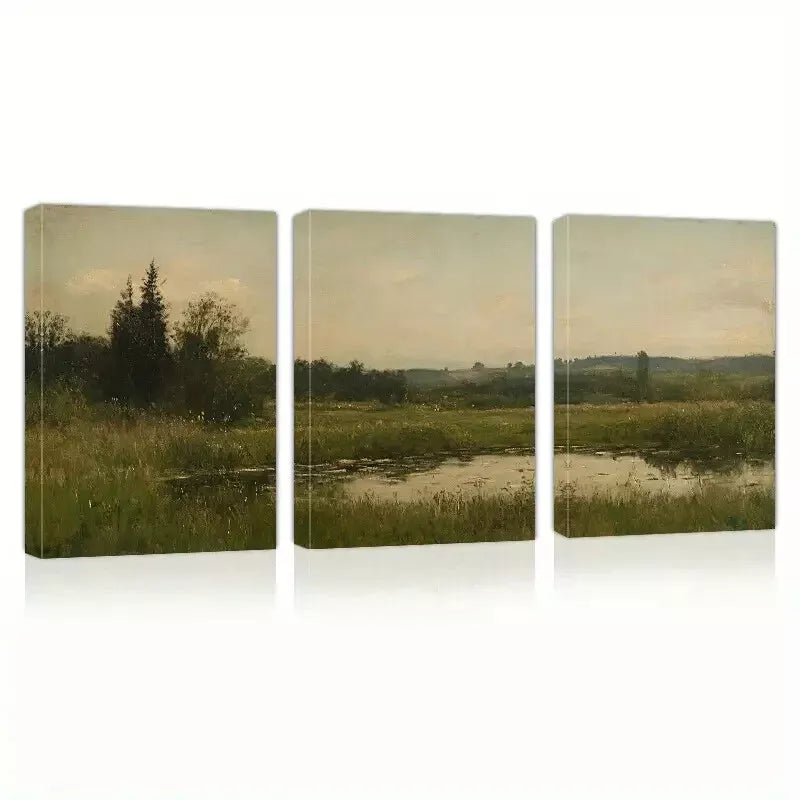 3pcs Retro Scenery with Lake & Grass    Wall Art Set Canvas Framed 40x60cm - High Quality Print 100% Australian Made Wall Canvas Ready to Hang