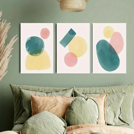 3pcs Vibrant Green, Yellow, Pink & Blue Shapes Metal Print Ready to Hang Art