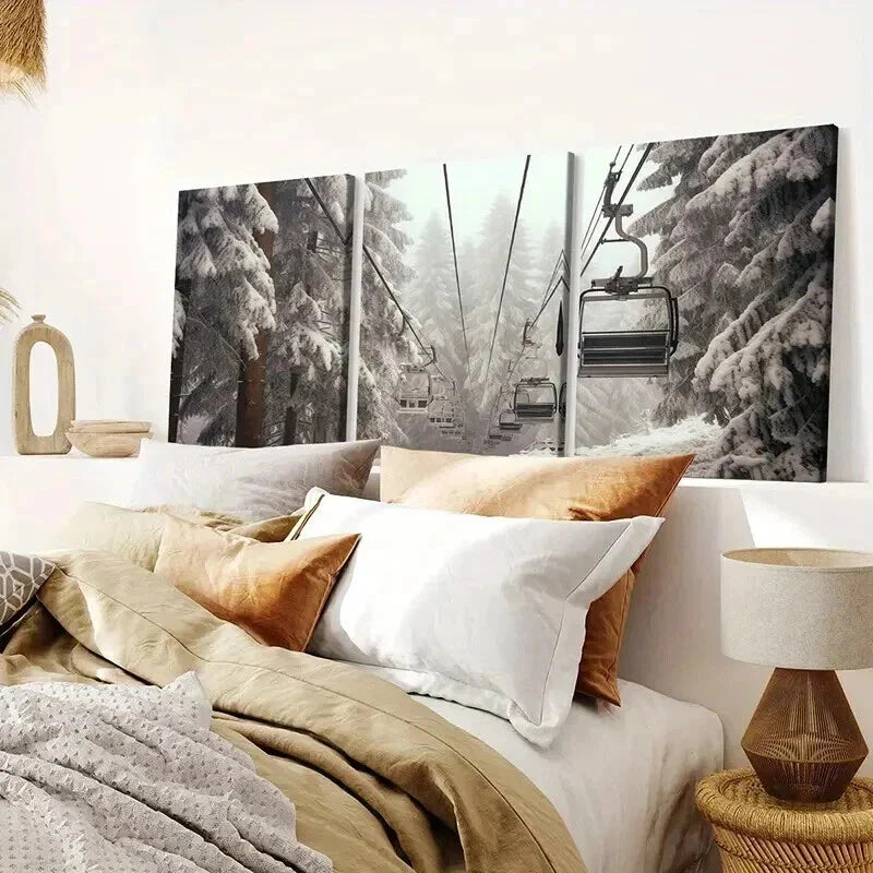 3pcs Snow Winter Scene Ski Chairlift Wall Art Set Canvas Framed 40x60cm - High Quality Print 100% Australian Made Wall Canvas Ready to Hang