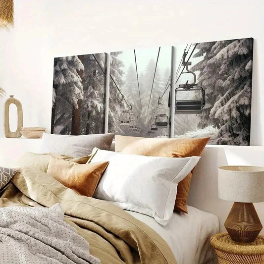 3pcs Snow Winter Scene Ski Chairlift Wall Art Set Canvas Framed 40x60cm - High Quality Print 100% Australian Made Wall Canvas Ready to Hang