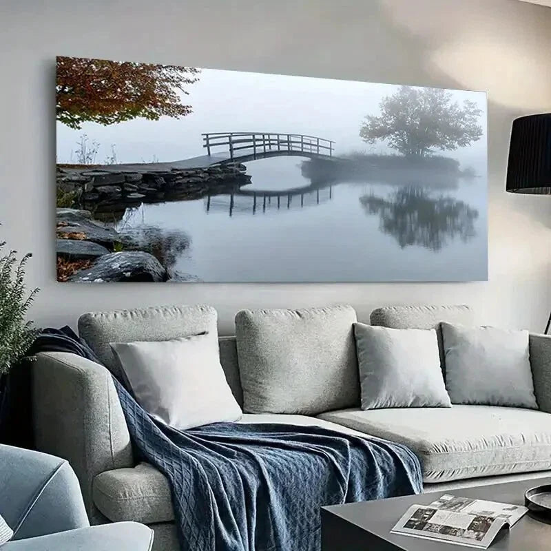 Misty Pond & Wooden Bridge wall canvas office home room framed 120x60cm