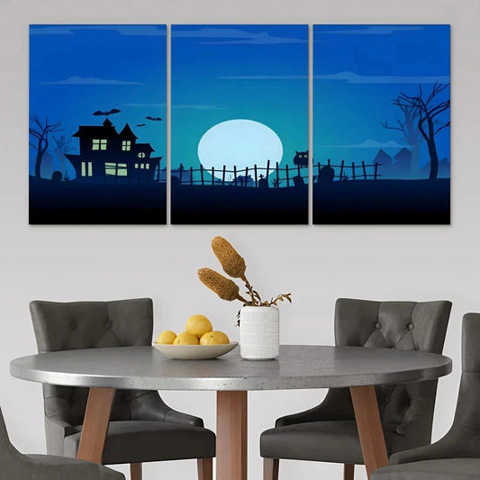 3pcs Blue Halloween Night Moonlight Metal Print Ready to Hang Art