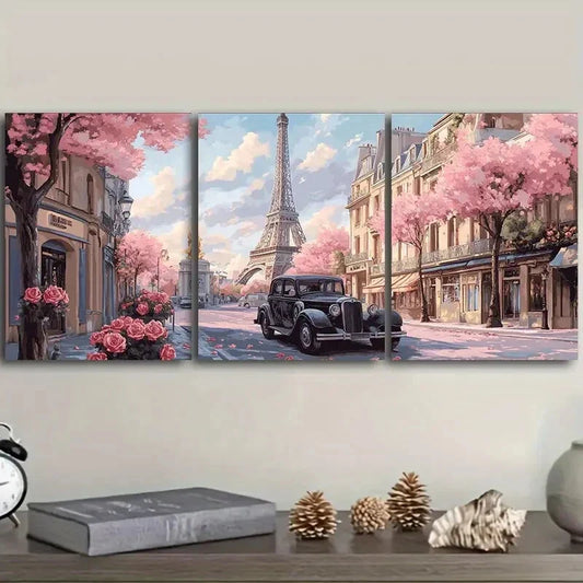 3pcs A pink car on the streets of Paris Metal Print Ready to Hang Art