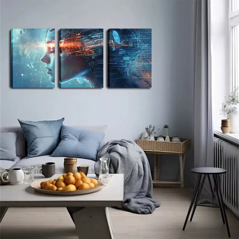 3pcs Surreal Cyborg Brain Triptych, Wall Art Set Canvas Framed 40x60cm - High Quality Print 100% Australian Made Wall Canvas Ready to Hang