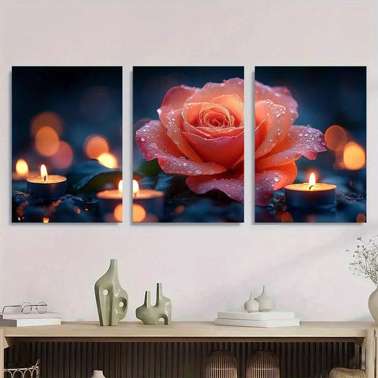 3pcs Painting Gorgeous Candles And Blooming Rose Metal Print Ready to Hang Art