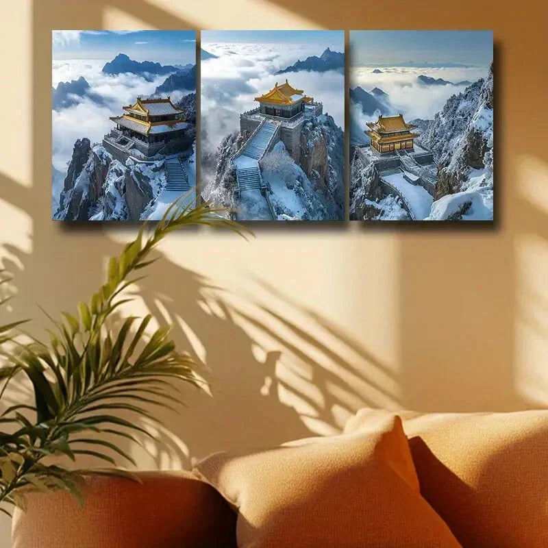 3pcs Triptych of Temple on top of Hill Foggy Peak Metal Print Ready to Hang Art
