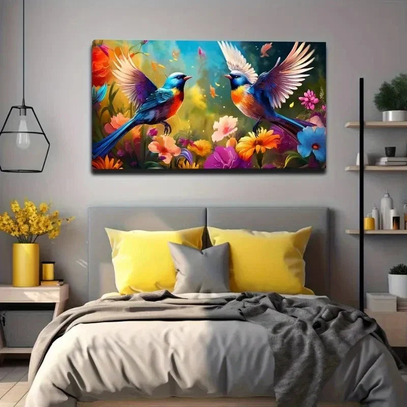 Vibrant Floral Birds Wall Art Canvas Office Home Room Framed 80x45cm