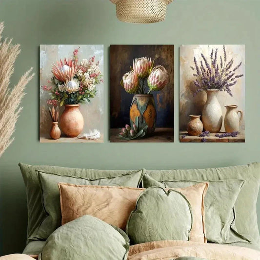 3pcs Protia Bouquet in Vase Lavender Metal Print Ready to Hang Art