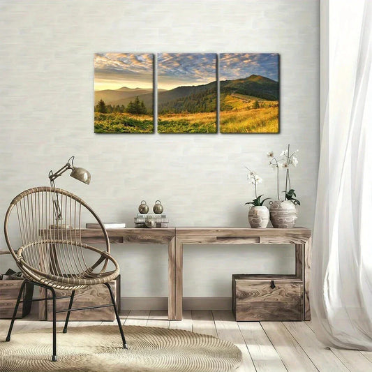 3pcs Sunrise Mountain Vibrant Sky & Golden Metal Print Ready to Hang Art