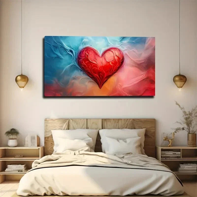 Blue-Pink Gradient Red Heart Wall Art Canvas Office Home Room Framed 120x60cm