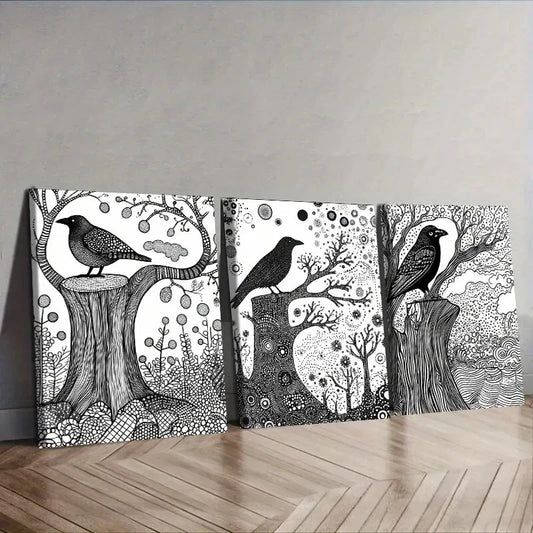 3pcs Black & White Nature Scene Intricate Tree Wall Art Set Canvas Framed 40x60cm - High Quality Print 100% Australian Made Wall Canvas Ready to Hang