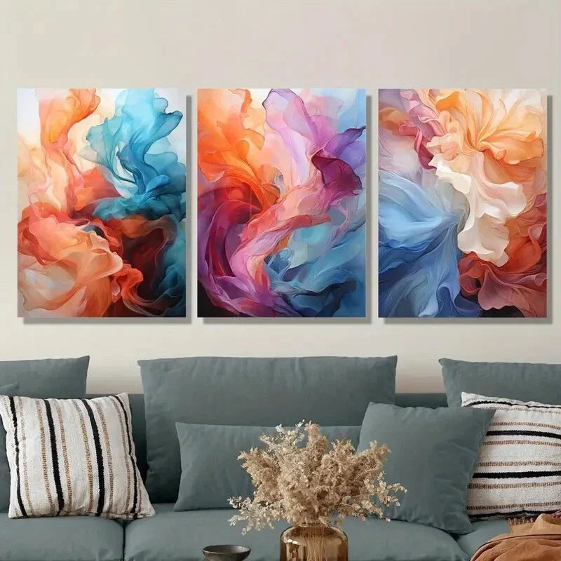 3pcs Decorative Pieces with Colorful Smoke Metal Print Ready to Hang Art