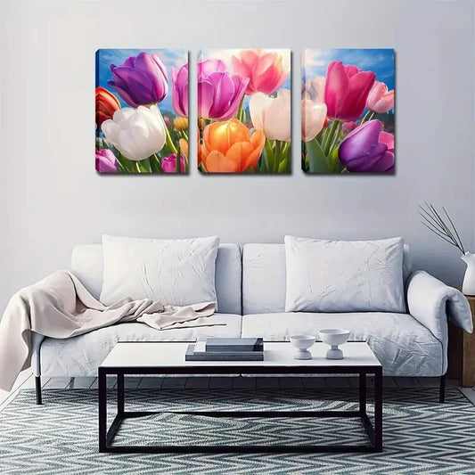3pcs Rustic Colorful Tulips Canvas Painting Metal Print Ready to Hang Art