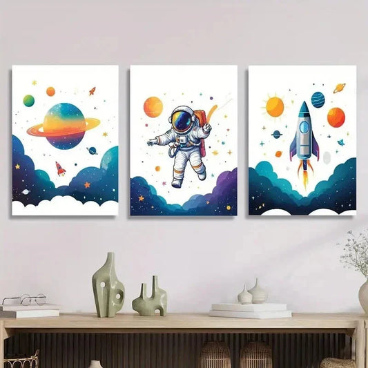 3pcs Cute astronaut, traveling on the planet, Metal Print Ready to Hang Art