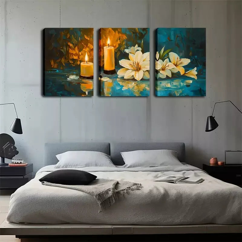 3pcs Warm Flowers And Candles,  Wall Art Set Canvas Framed 40x60cm - High Quality Print 100% Australian Made Wall Canvas Ready to Hang