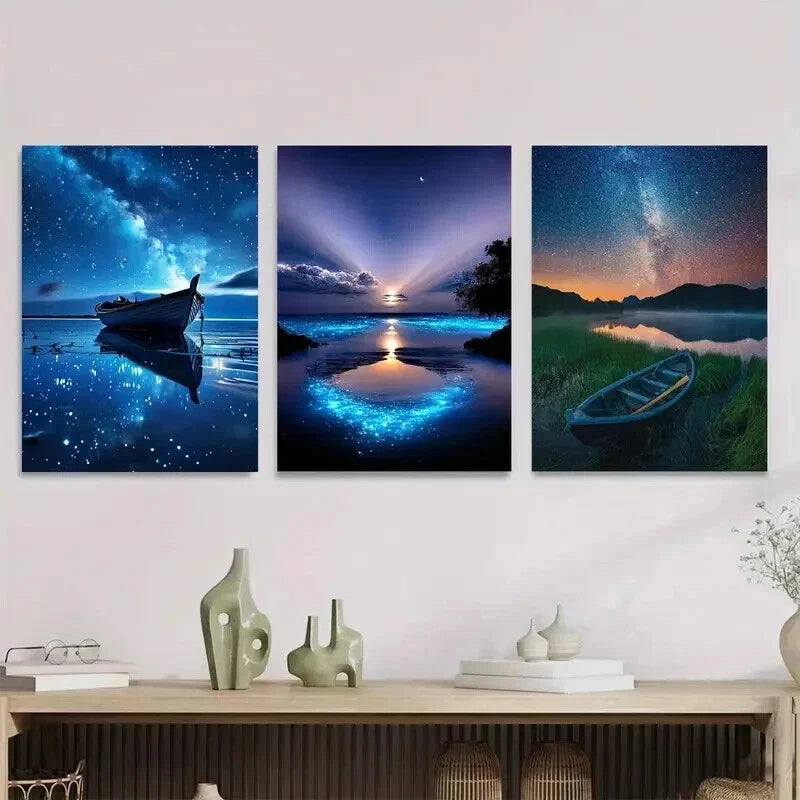 3pcs Starry Night Sky Blue Galaxy Landscape Wall Art Set Canvas Framed 40x60cm - High Quality Print 100% Australian Made Wall Canvas Ready to Hang