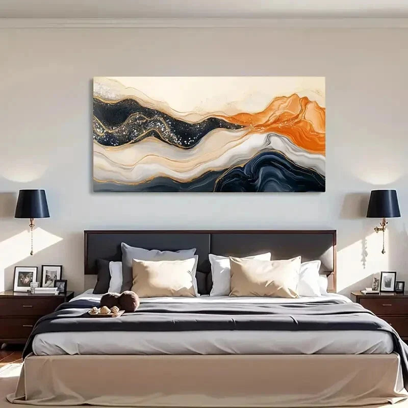 Fluid Waves Black White Golden Wall Art Canvas Office Home Room Framed 80x45cm