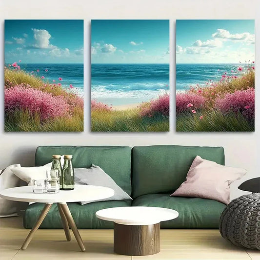 3pcs Beautiful Serene Ocean Wild Flowers Metal Print Ready to Hang Art