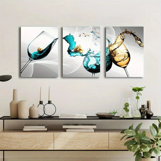 3pcs Abstract Splash Wine Glass Blue Gold Metal Print Ready to Hang Art