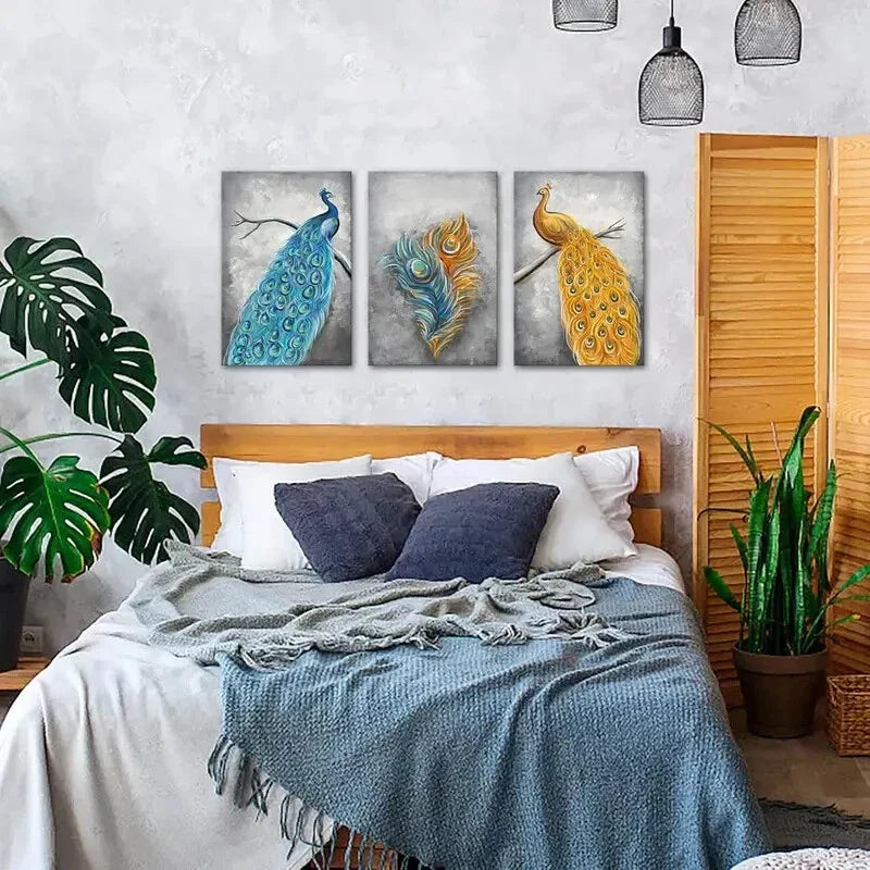 3pcs Blue and Golden Pea Rooster Metal Print Ready to Hang Art