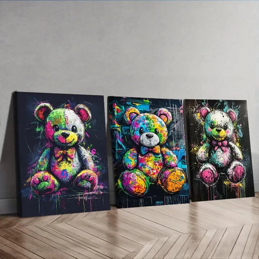 3pcs Colorful teddy bear graffiti  Wall Art Set Canvas Framed 40x60cm - High Quality Print 100% Australian Made Wall Canvas Ready to Hang