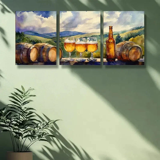 3pcs Wine glass, wine Barrel  Metal Print Ready to Hang Art