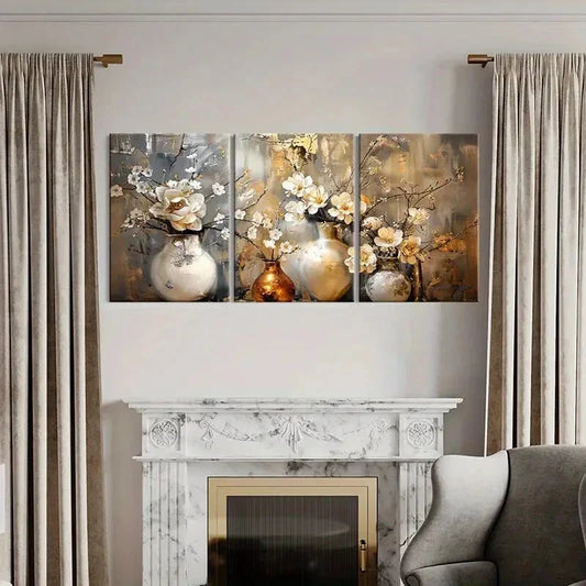 3pcs Elegant Floral with Golden Vases Metal Print Ready to Hang Art