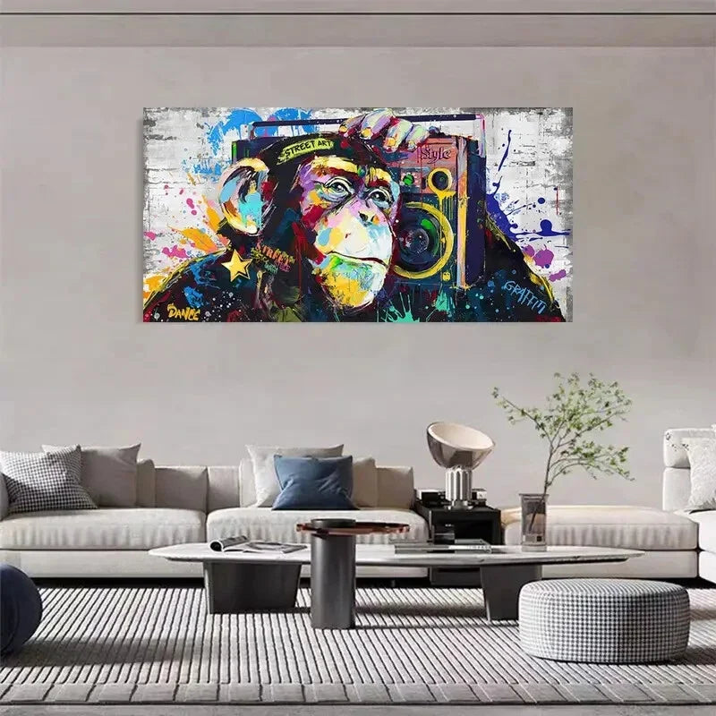 Graffiti Monkey Listening Music Wall Art Canvas Office Home Room Framed 120x60cm