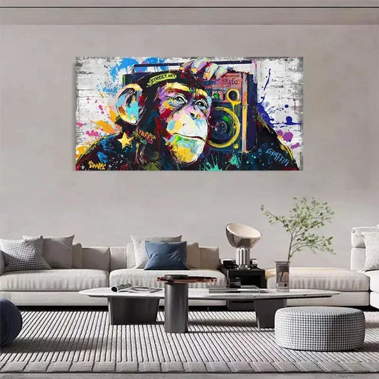 Graffiti Monkey Listening Music Wall Art Canvas Office Home Room Framed 120x60cm