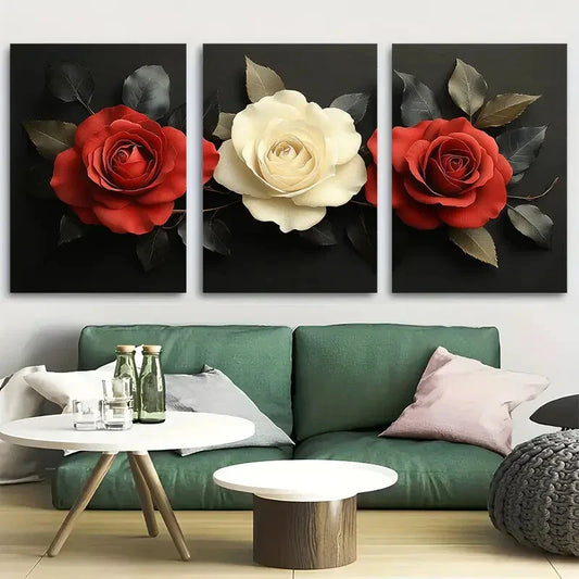 3pcs Elegant Red & White Roses on Black Background Metal Print Ready to Hang Art