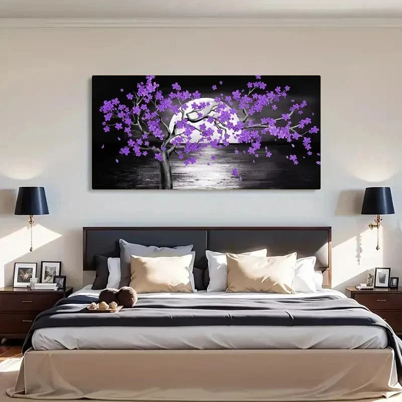 Moonlight Lakescape Purple Wall Art Canvas Office Home Room Framed 120x60cm