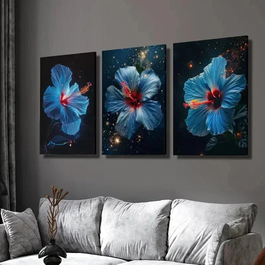 3pcs Blue Hibiscus Flower with Starry Night Wall Art Set Canvas Framed 40x60cm - High Quality Print 100% Australian Made Wall Canvas Ready to Hang
