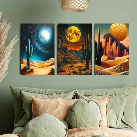3pcs Desert Moonrise & Sunset Design Metal Print Ready to Hang Art