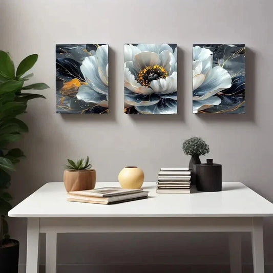 3pcs  Flower Pictures Black and White Metal Print Ready to Hang Art