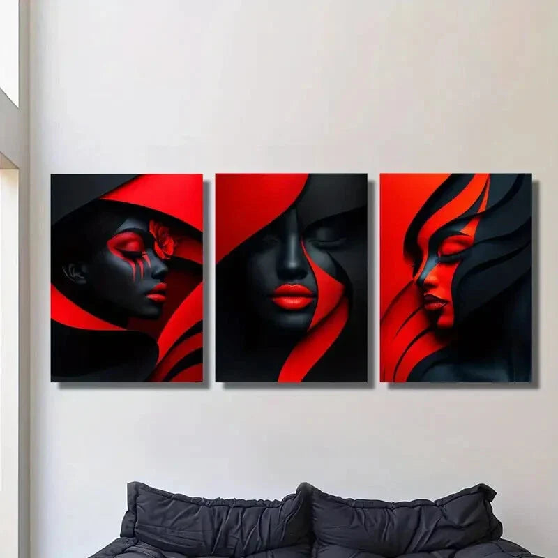 3pcs   geometric red makeup poster, Metal Print Ready to Hang Art