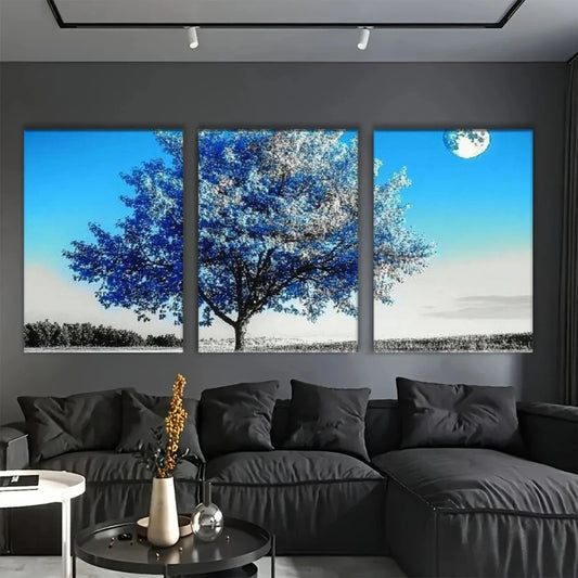 3pcs Nature Sun Modern Blue Big Tree Metal Print Ready to Hang Art