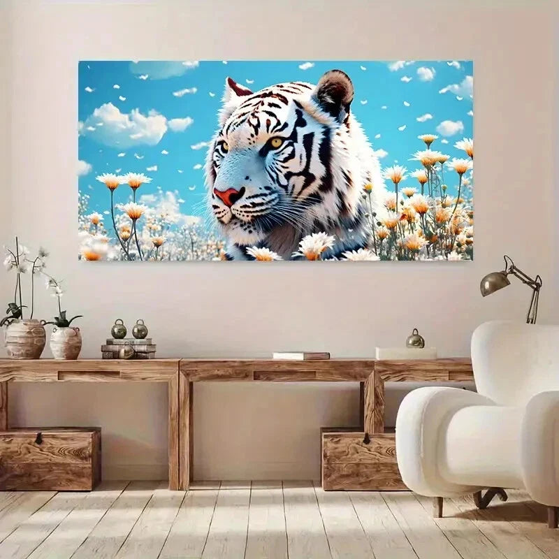 White Tiger Flowers Beautiful Wall Art Canvas Office Home Room Framed 80x45cm