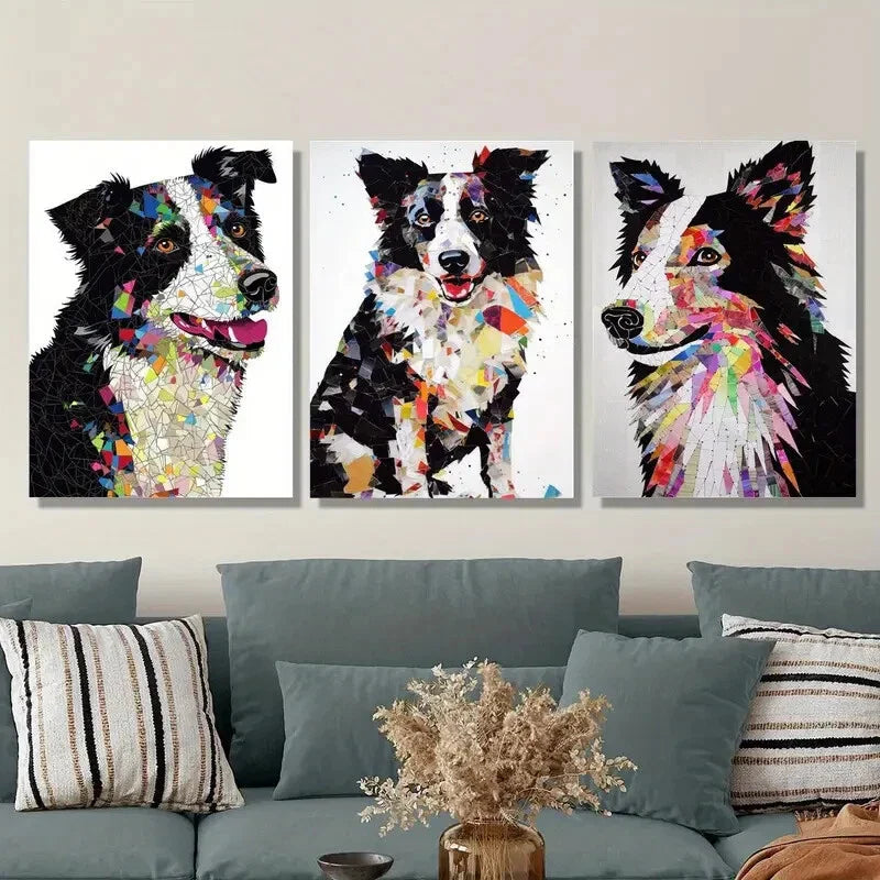 3pcs Border Collie Dog Portraits Metal Print Ready to Hang Art
