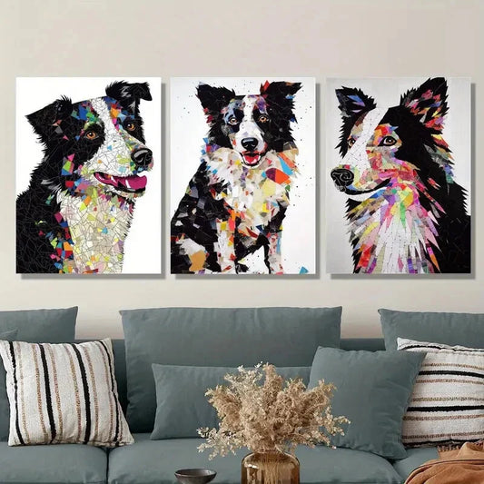 3pcs Border Collie Dog Portraits Metal Print Ready to Hang Art