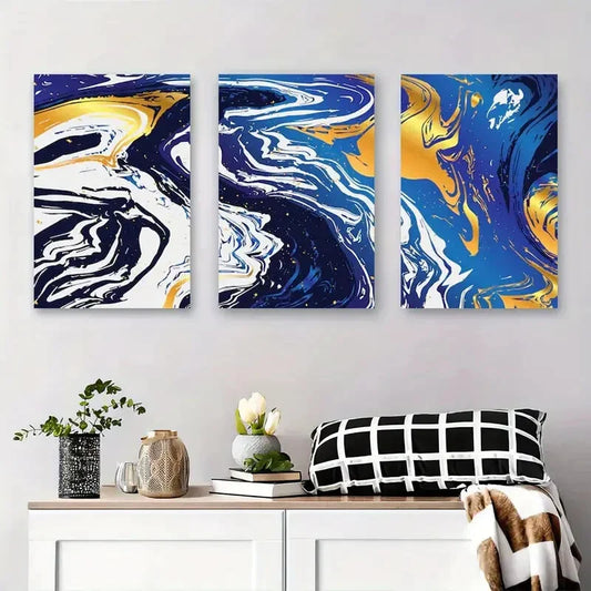 3pcs Abstract Blue and Golden Marble Metal Print Ready to Hang Art