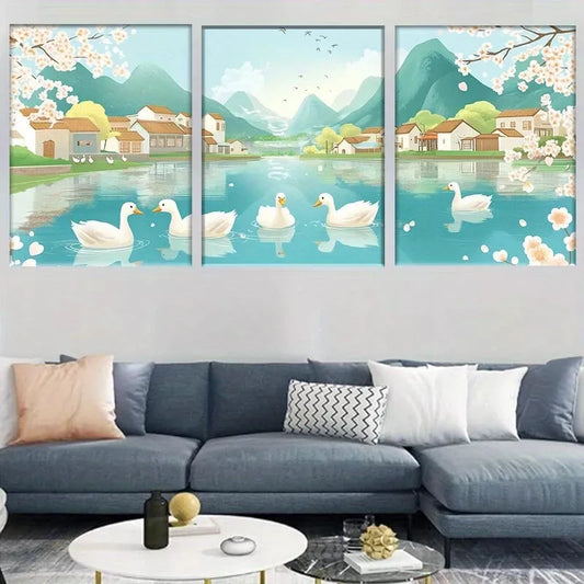 3pcs Serene Ducks on Tranquil River  Wall Wall Art Set Canvas Framed 40x60cm - High Quality Print 100% Australian Made Wall Canvas Ready to Hang