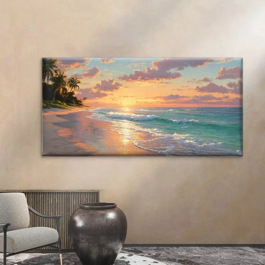 Tropical Palm Tree Beach Wall Art Canvas Office Home Room Framed 80x45cm