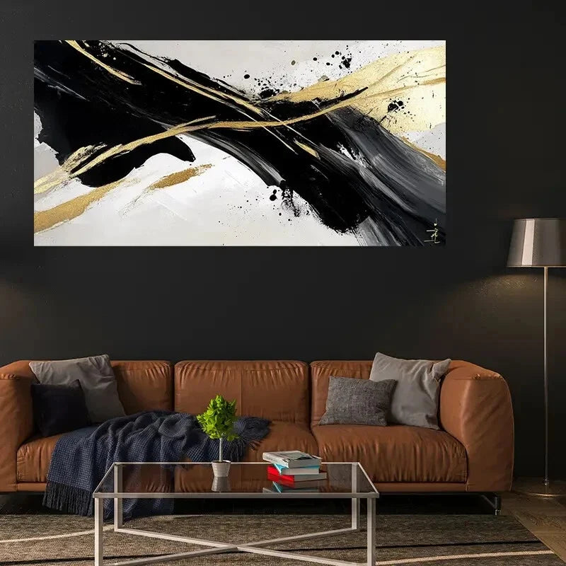 Abstract Black White Gold Décor Wall Art Canvas Office Home Room Framed 120x60cm