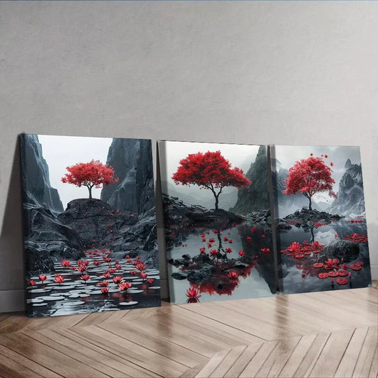 3pcss There Is A Red Maple Tree  Wall Art Set Canvas Framed 40x60cm - High Quality Print 100% Australian Made Wall Canvas Ready to Hang