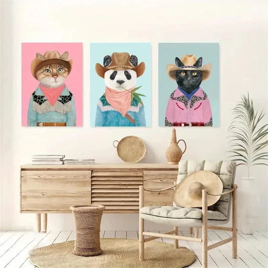 3pcs Cats and Panda in Cowboy Dress Metal Print Ready to Hang Art