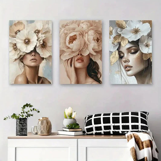 3pcs Modern Abstract Floral Portraits Metal Print Ready to Hang Art